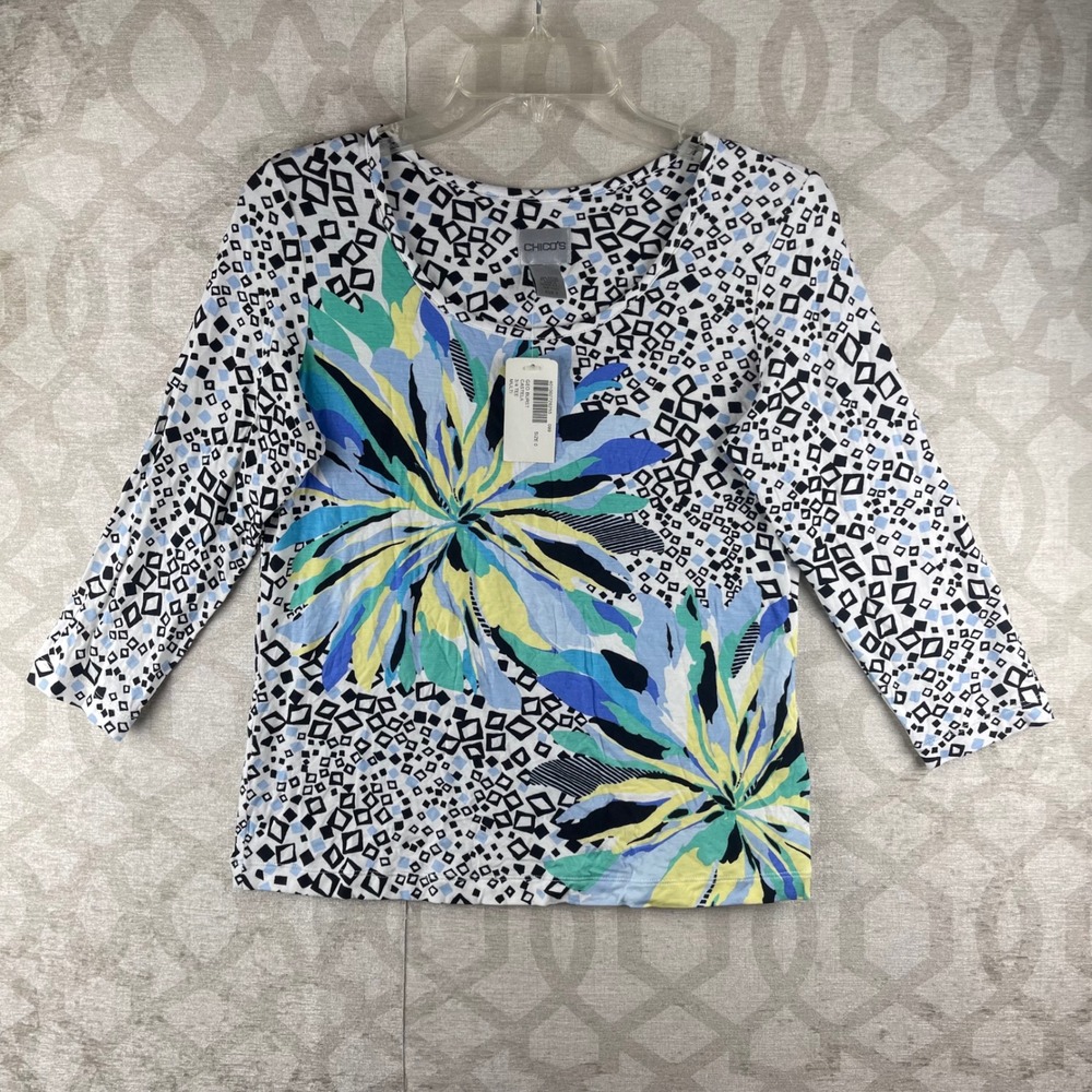 Chico's Geo Burst Castela Women 0 S Floral Geometric 3/4 Sleeve Rayon Stretch